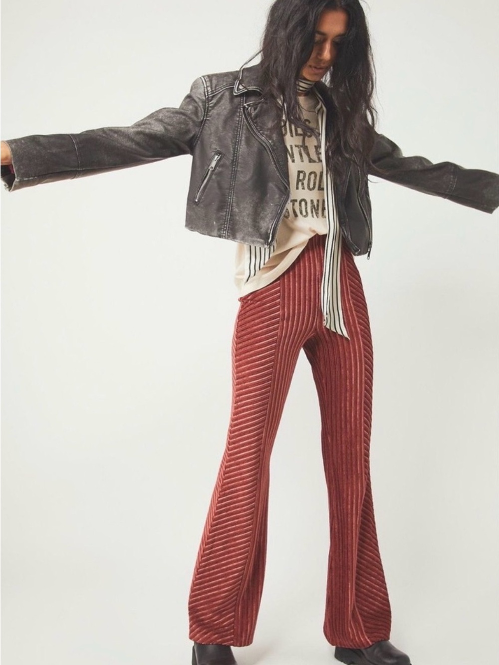 Free People Ribbed Velvet Red Rust Flare Pants Boho Retro Pull On Bell Bottom S